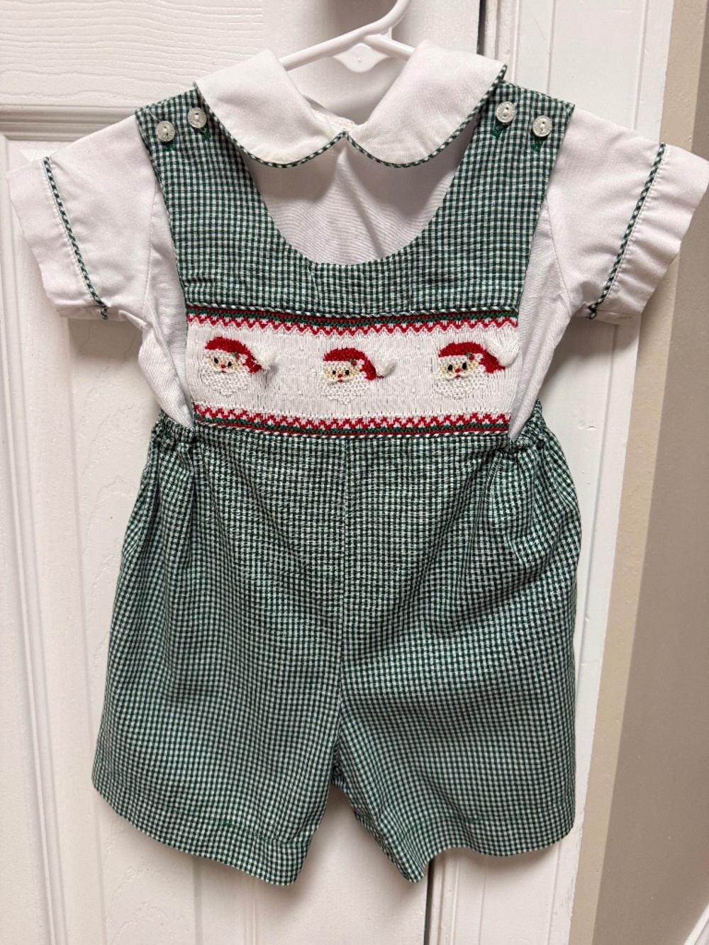 Sir John by Rosalina 6M Christmas Smocked Santa Green Gingham Set